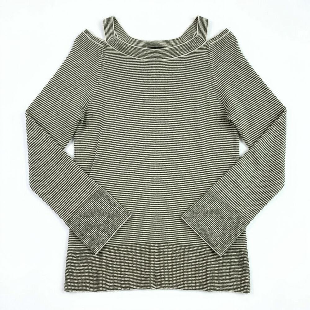 LOFT Striped Cutout Swing Sweater Gray White Flared Sleeves Ribbed Womens Medium